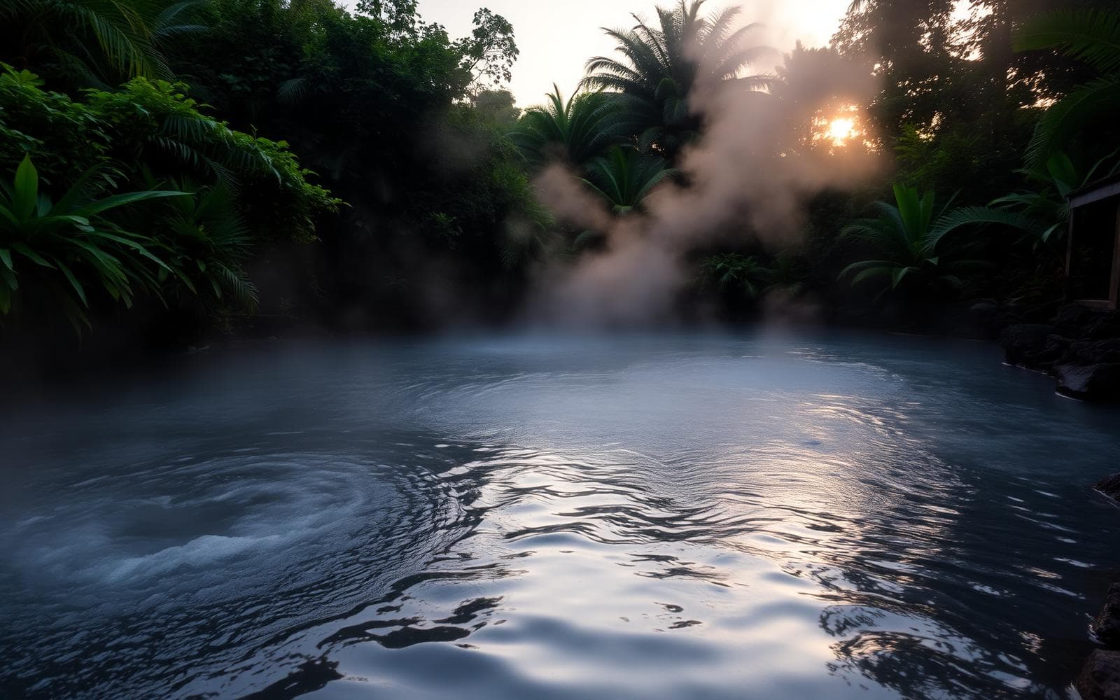 Agua termal rodeada por vegetación tropical